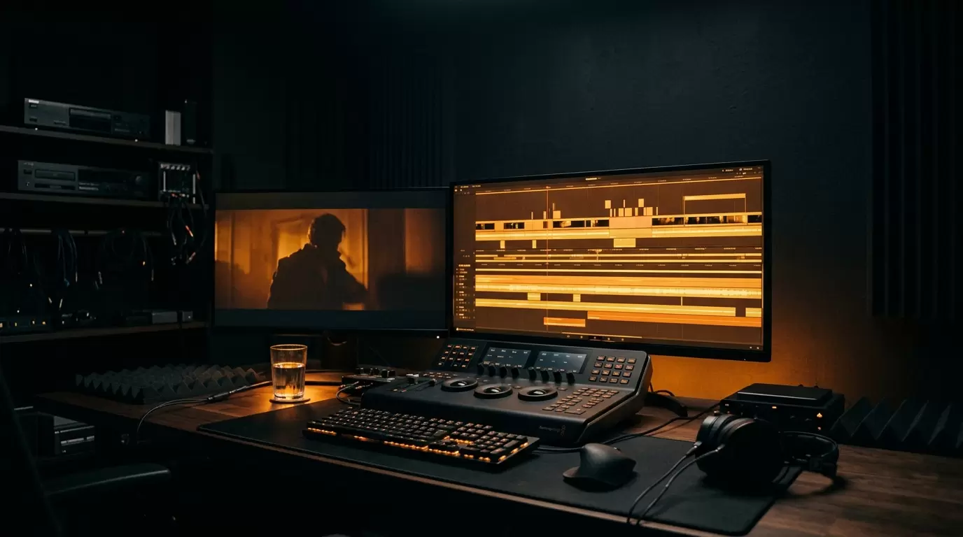 Professional video editing suite with a multi-track timeline glowing amber in a dark room