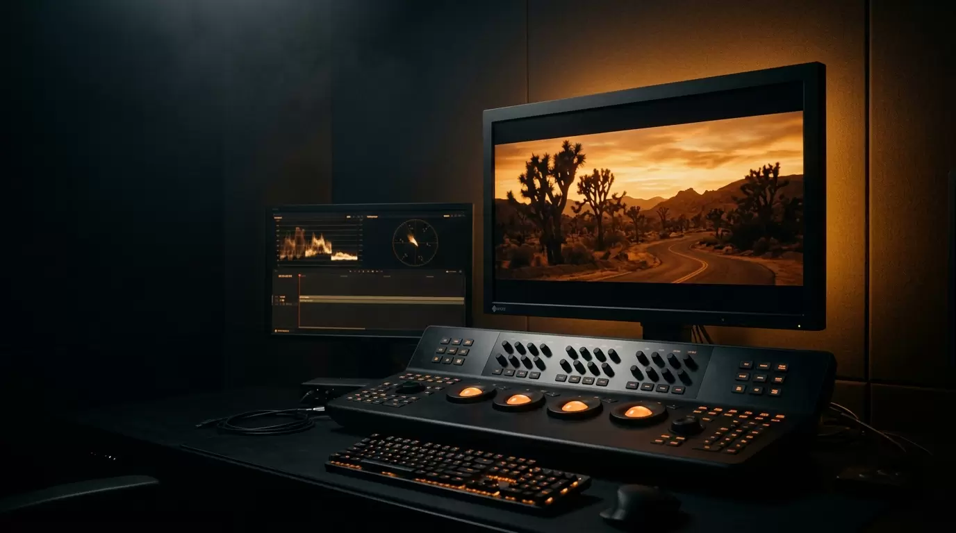 DaVinci Resolve colour grade in progress, a lush graded frame on the reference screen